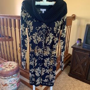 Allison Brittney Black/Gold Cowl Neck Sweater Dress